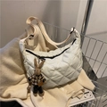 White quilted crescent moon bag with rhomboid stitching and cute bunny pendant charm - Pendant Style / White (With Rabbit Pendant)