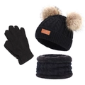 Black winter knit set for kids featuring a beanie with brown pom-poms, scarf and gloves - Double Pom-Pom 3-Piece Set Black