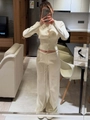 Women's cream knit set featuring a slim-fit button cardigan and drawstring wide-leg pants - S / Milky White