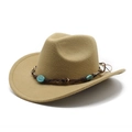 Close-up of khaki cowboy hat with turquoise beads and western style leather band - M (56-58cm) / Camel