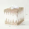 Champagne Christmas gift box ornament with gold glitter and white ribbon bow detail - 20cm Gift Box