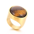 Gouden roestvrijstalen punkring met een grote ovale tijgeroog edelsteen voor damesstijl - US 6 / Gouden Basis Bruin Tijgeroog (KR47960-K)
