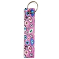 Detail of pink faux leather keychain with artistic blue eye prints and reinforced stitching - Pink Artistic Eye Style (BE1657PU00)