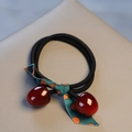 Elastic hair tie with red cherry resin charms and green polka dot bow accessory - Burgundy