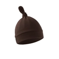 Detail shot of a soft dark brown newborn knit cotton cap with a top knot design - Coffee