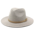 Cappello fedora in paglia grigio e beige con cinturino in ecopelle marrone e fibbia - M(56-58cm) / Grigio