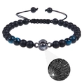 Detail of beaded projection bracelet showing 100 languages I love you stone and matte beads - Frosted Stone & Blue Tiger Eye (Projection Bracelet)