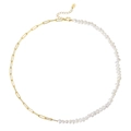Elegant S925 silver paperclip chain necklace with white freshwater pearls and gold plating - Gold & White Stitched(GPN13)