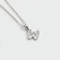 Minimalist silver letter W pendant necklace with textured glitter inlay on chain - Letter W / Silver