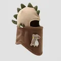 Detailed view of kids dinosaur fleece hat with soft ear flaps and cozy neck protection - 4-6 Years / Khaki