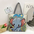 Cute linen tote bag with cartoon elephant print and black-and-white striped handle - Style 3 - Elephant and Ladybug (Beige)