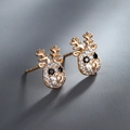 Golden reindeer stud earrings with white and black zircon stones for winter fashion - Pave Deer Reindeer / Gold