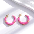 Pink enamel and gold C-shaped heart stud earrings in bohemian stainless steel style - Pink (ER-709)