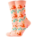 Pink cotton crew socks featuring cute fox and autumn leaf patterns on a white background - Size 35-42 / Orange Fox