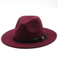 Close-up of wine red fedora hat with black leather band and silver floral buckle detail - M (56-58cm) / Burgundy