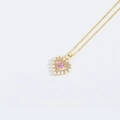 Gold necklace with pink heart pendant surrounded by pearls and crystals on white backdrop - Small Pearl Heart Pink Cubic Zirconia