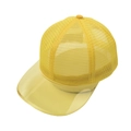 Detail of bright yellow mesh baseball cap featuring a unique transparent PVC brim design - Adjustable / Yellow