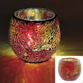 Red and yellow mosaic glass candle holder showing lit warm glow and unlit variant - Tempered Red Gold