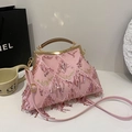 Borsa a mano rosa con paillettes e nappe, manico in legno e tracolla regolabile chic - Rosa