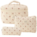 Three-piece quilted cotton makeup bag set with red floral patterns on beige checkered fabric - Plaid Small Flower