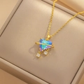 Halskette aus Titanstahl mit herzförmigem Kristall in Blau-Violett und Zirkonia-Steinen - Metallblau