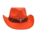 Vibrant orange faux suede western cowboy hat with a brown leather bull head band - One Size / Orange
