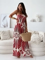 Detail des rot-weißen Ethno-Prints auf dem schulterfreien Jumpsuit mit weitem Bein - S / Rot