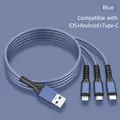 Blue 3-in-1 nylon braided USB cable with Lightning, Micro, and Type-C 5A fast charging - 1.2m 66W 5A Mesh (Bare Wire) / Blue