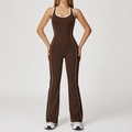 Donkerbruine yoga jumpsuit met witte zijstrepen en uitlopende pijpen voor sport - M / Donkere Koffie