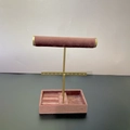 Pink velvet and gold metal jewelry stand featuring necklace rods and earring rack - Square Box Jewelry Rack