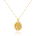 Detailed macro view of 18K gold plated Virgin Mary pendant with sparkling zircon inlay - Crowned Saint