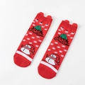 Red Christmas socks featuring a festive snowman, snowflakes, and 3D plush ear details - Red Merry Christmas Snowman with Pom-pom