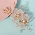 Horquilla de novia hecha a mano con flores de malla rosa, perlas y hojas doradas - HS-J7111G Dorado (Tocado de flores y perlas) / Dorado