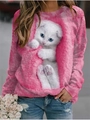 Sweat à col rond rose avec imprimé chat blanc 3D réaliste et manches longues - S / Hauts / Manches longues / Rose