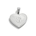 Polished heart-shaped stainless steel pendant with white shell inlay and relief letter G - Letter G / Steel