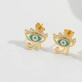 Close-up of golden Evil Eye stud earrings with blue enamel and sparkling cubic zirconia - Blue Eye