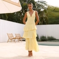Elegant sleeveless V-neck tiered maxi dress in soft lemon yellow chiffon for summer vacations - S / Yellow