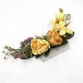 Bohemian hair comb with yellow roses, purple berries and green leaves on white background - FS32-3 Yellow