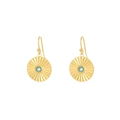 Golden round sunburst earrings with a central light blue gemstone on white background - Radiant Round Dangle (E303146) - Gold Blue