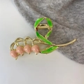Elegant gold lily of the valley hair claw clip with green leaves and pink flowers - Lily of the Valley (D-4084-2) / Pink