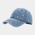 Close-up of lemon embroidery on blue denim baseball cap showing detailed fabric texture - Adjustable / Mango Dark Blue