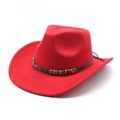 Detail of red wide brim cowboy hat featuring gear ornament and woven band accents - M(56-58cm) / Red
