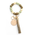 Sage green silicone beaded wristlet keychain with checkered wood bead and leather tassel - Light Green