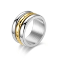 Detail of two-tone gold and silver rotatable stainless steel wide band ring with vertical grooves - US 6 / 12mm Spinning Two-tone Gold (4858338541856)