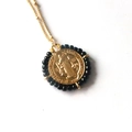 Vintage gold Saint Benedict coin necklace with black beaded round religious pendant - Black