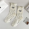 White cotton crew socks with black polka dots and decorative bow detail for women - One Size / Bubble Cuff / Bubble Cuff Polka Dot Bow
