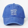 Detail of high-quality white embroidery FAITH OVER FEAR on blue washed cotton baseball cap - Adjustable / Royal Blue
