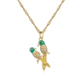 Detail van 18K gouden papegaai ketting met groen emaille en zirkonia inleg - Papegaaienpaar Hanger (22270) / Groen