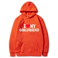 Orange hoodie with I Love My Girlfriend print, long sleeves and ribbed cuffs - S / Tops / Orange