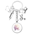 Nurse themed silver metal keychain featuring heart, syringe and stethoscope charms - Nurse Letter Colorful